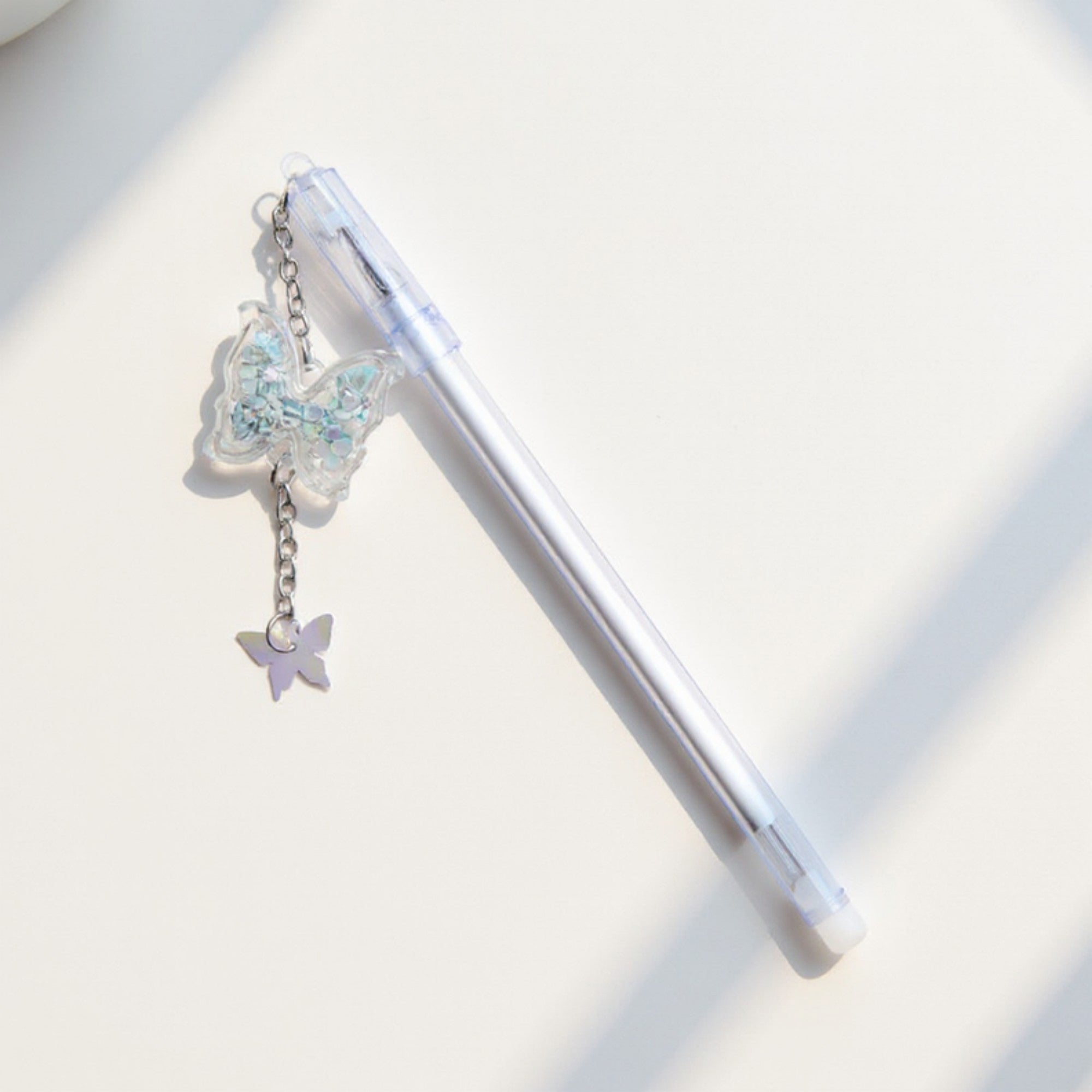 Anna-Kaci 10-Piece Butterfly Charm Gel Pen Set with Glitter Pendant and Chain Detail