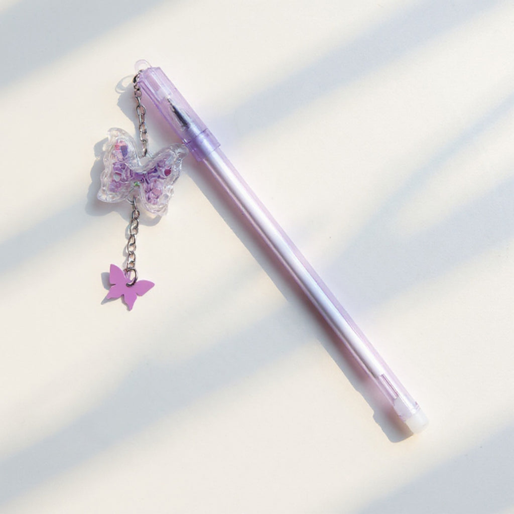Anna-Kaci 10-Piece Butterfly Charm Gel Pen Set with Glitter Pendant and Chain Detail