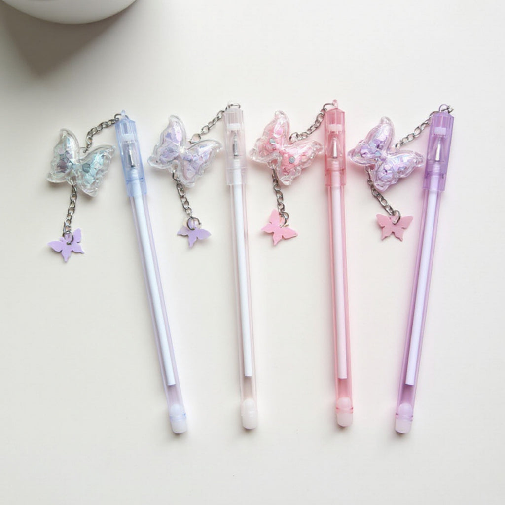 Anna-Kaci 10-Piece Butterfly Charm Gel Pen Set with Glitter Pendant and Chain Detail