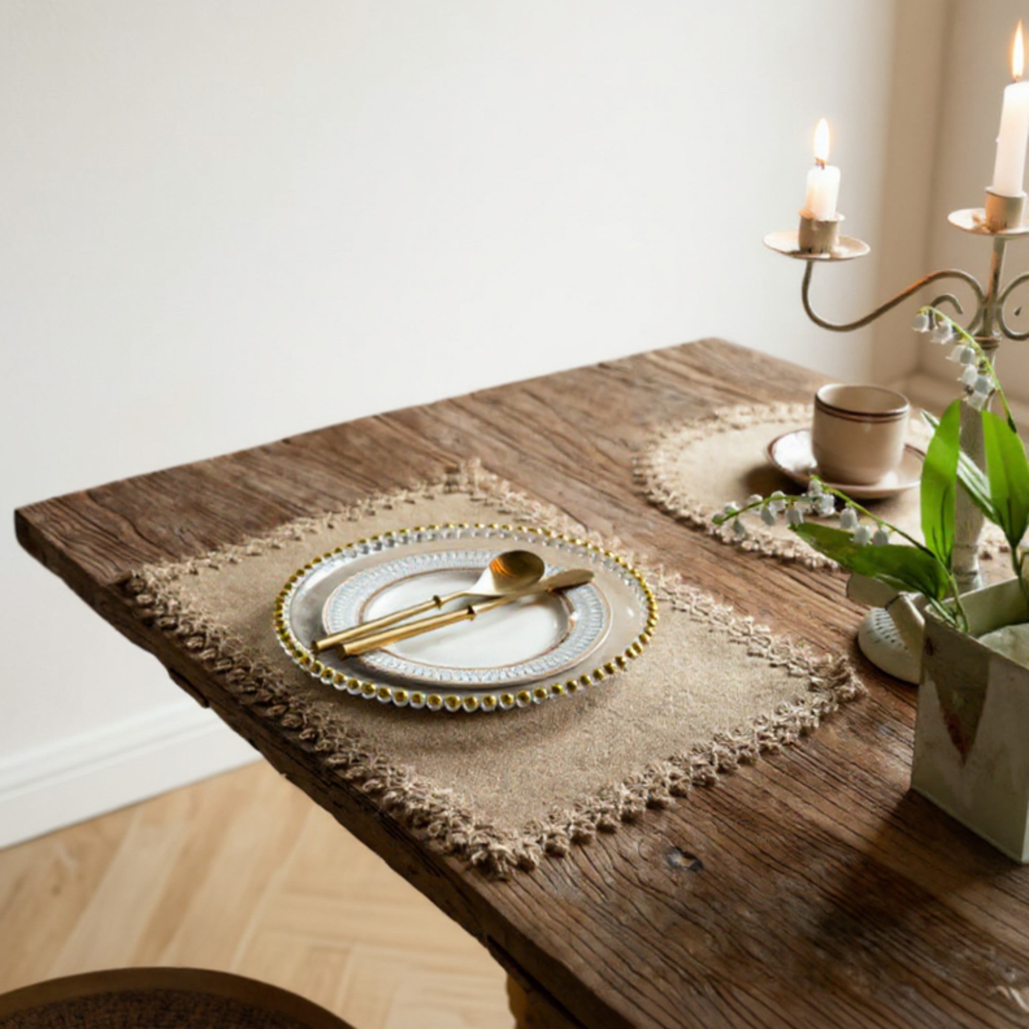 Anna-Kaci 2-Piece Rectangular Lace Trim Woven Placemat with Decorative Crochet Edge