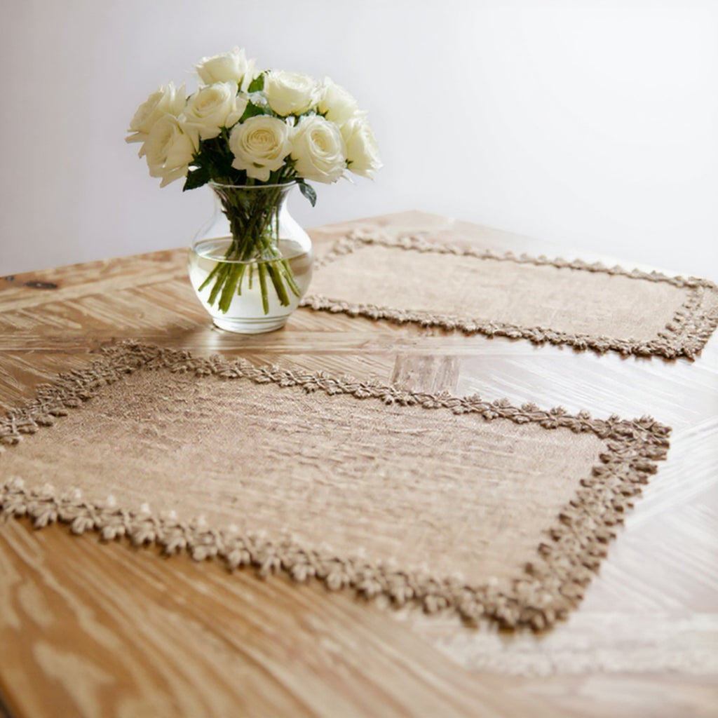 Anna-Kaci 2-Piece Rectangular Lace Trim Woven Placemat with Decorative Crochet Edge
