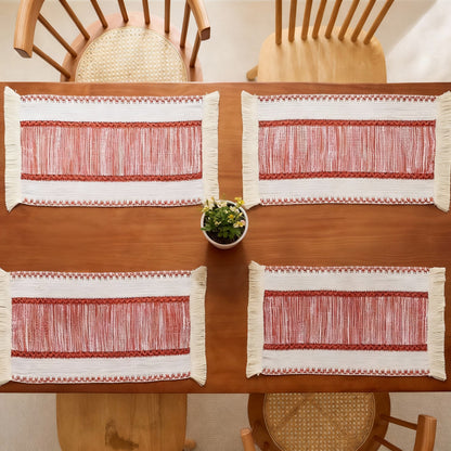 Anna-Kaci 4-Piece Rectangular Woven Fringe Placemat with Textured Striped Pattern