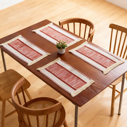 Anna-Kaci 4-Piece Rectangular Woven Fringe Placemat with Textured Striped Pattern