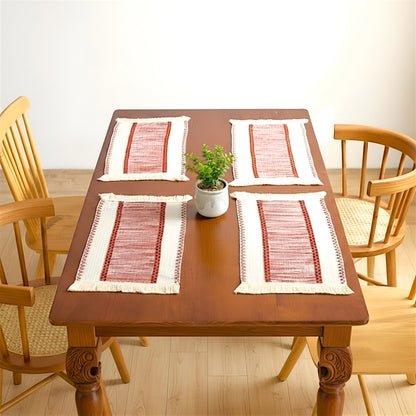 Anna-Kaci 4-Piece Rectangular Woven Fringe Placemat with Textured Striped Pattern