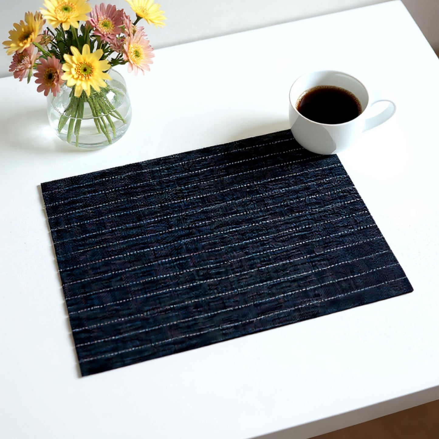Anna-Kaci 2-Piece Rectangular Woven Placemat with Subtle Horizontal Stripe Texture