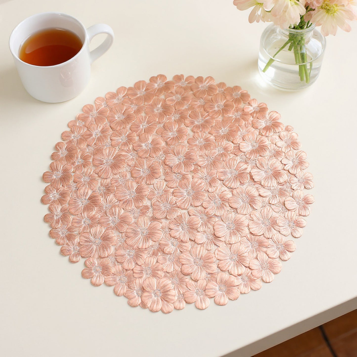 Anna-Kaci 4-Piece Round Floral Cutout Placemat with Embroidered Petal Details