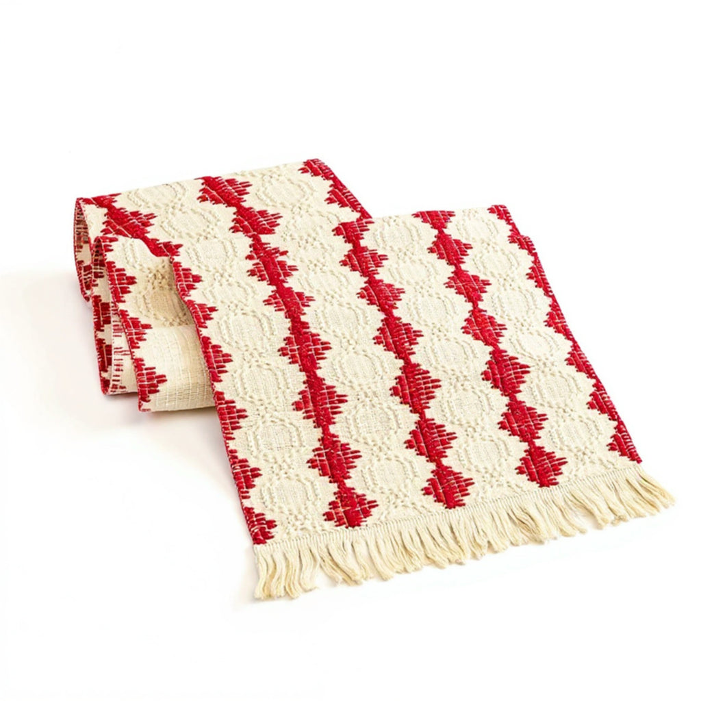 Anna-Kaci Woven Table Runner with Geometric Diamond Pattern and Fringe Ends