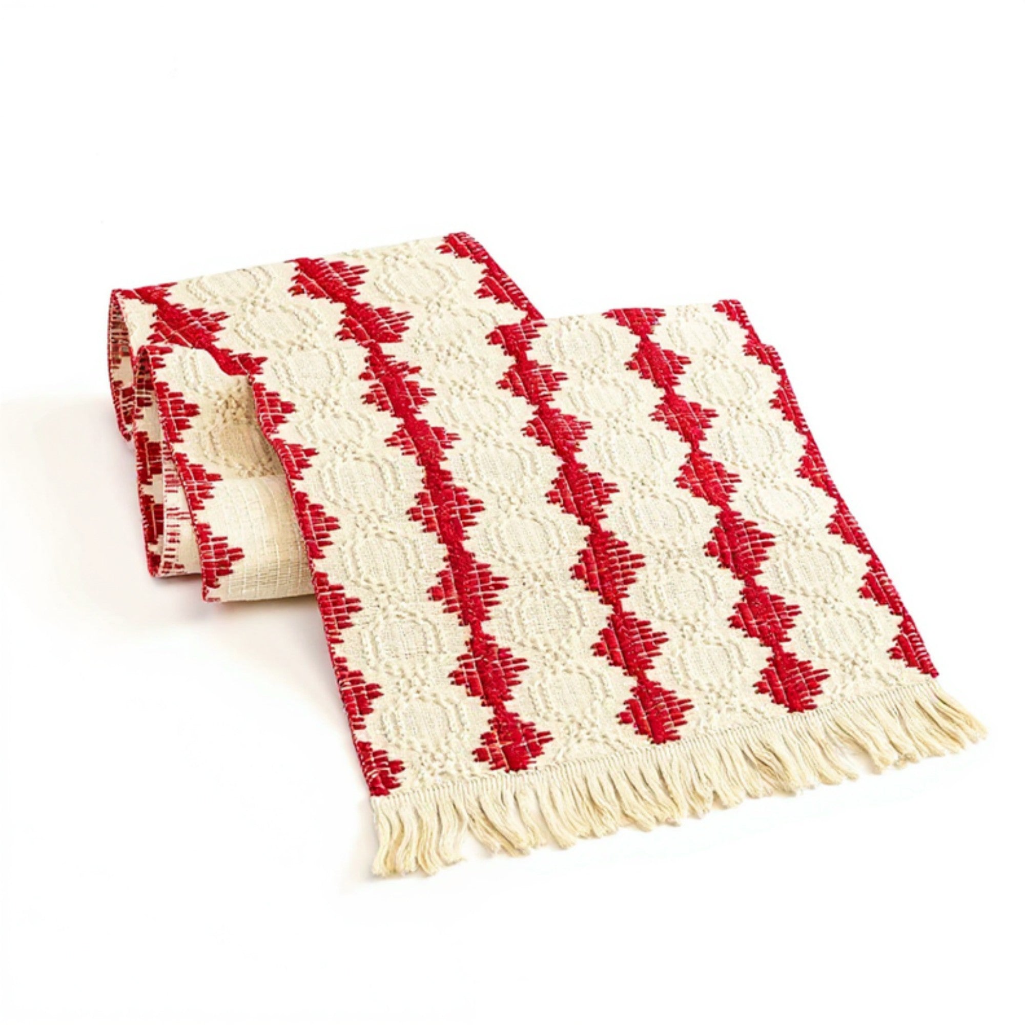 Anna-Kaci Woven Table Runner with Geometric Diamond Pattern and Fringe Ends