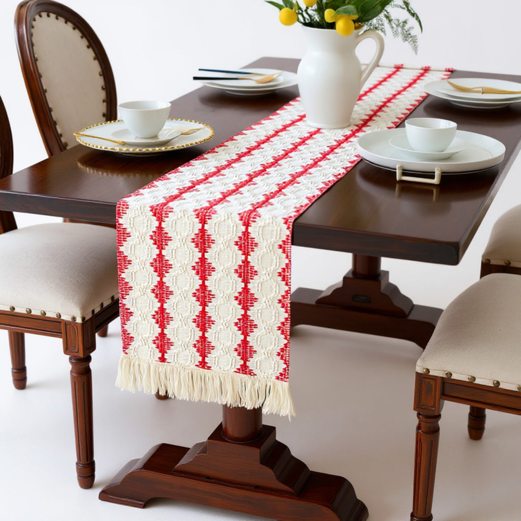 Anna-Kaci Woven Table Runner with Geometric Diamond Pattern and Fringe Ends