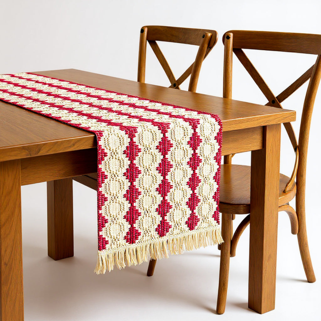 Anna-Kaci Woven Table Runner with Geometric Diamond Pattern and Fringe Ends
