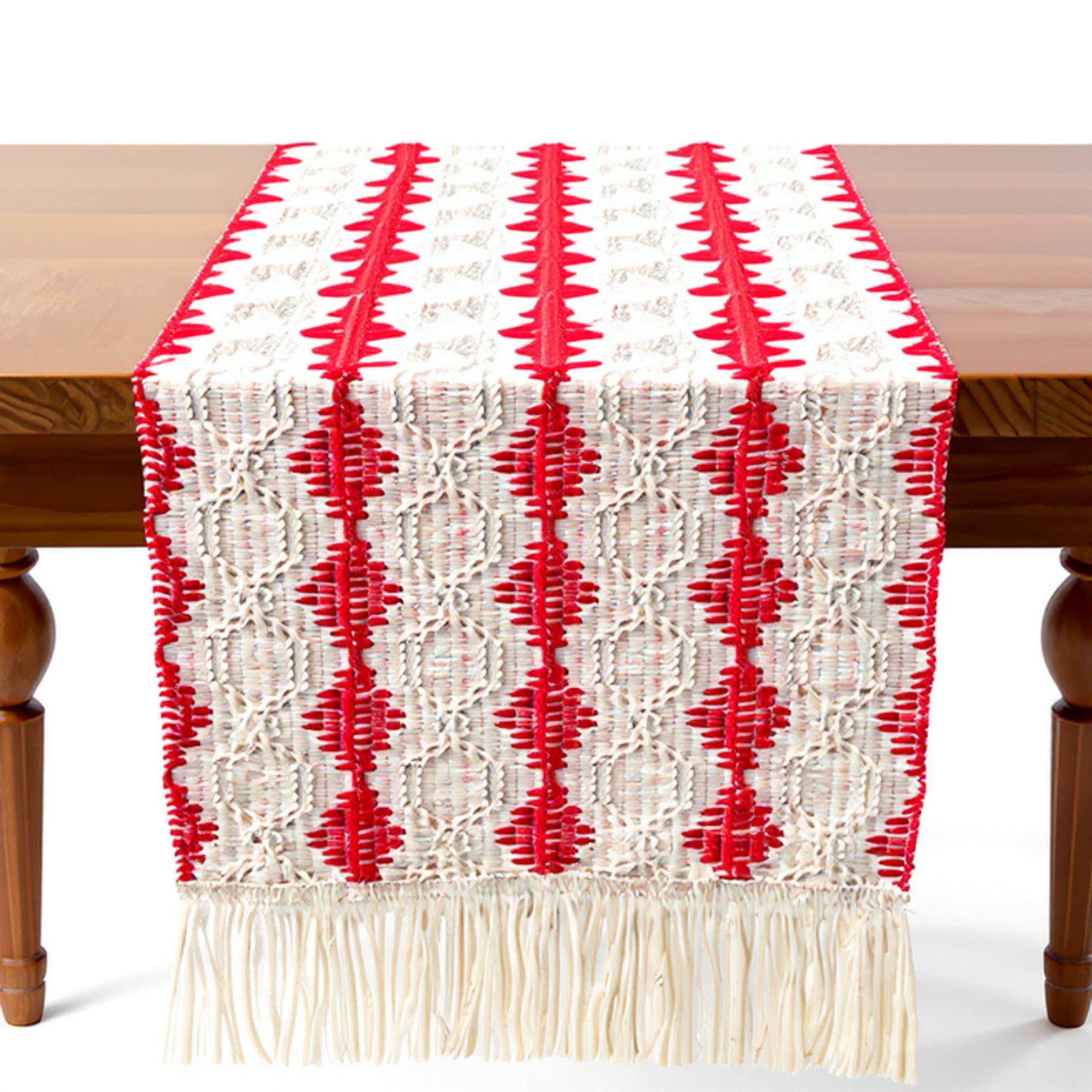 Anna-Kaci Woven Table Runner with Geometric Diamond Pattern and Fringe Ends