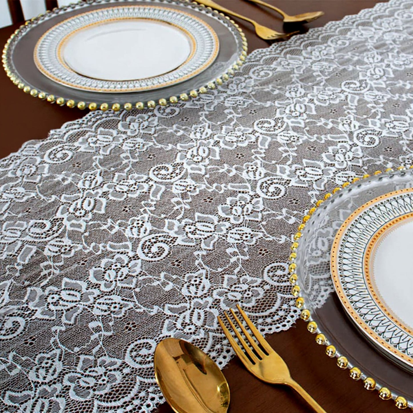 Anna-Kaci Floral Lace Table Runner with Scalloped Edges and Sheer Overlay