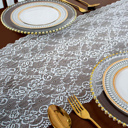 Anna-Kaci Floral Lace Table Runner with Scalloped Edges and Sheer Overlay