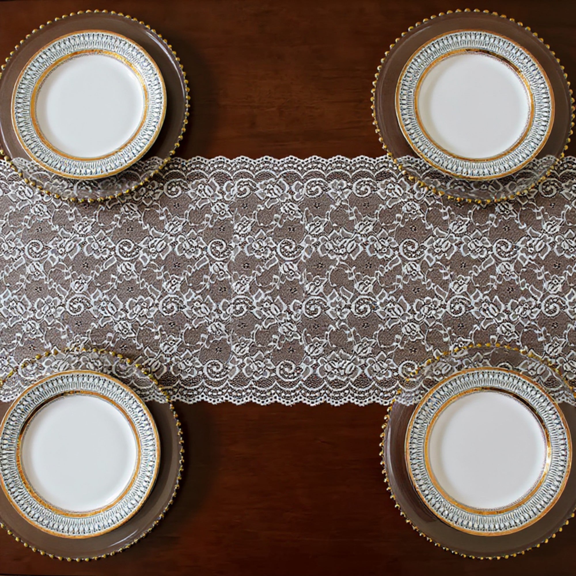 Anna-Kaci Floral Lace Table Runner with Scalloped Edges and Sheer Overlay
