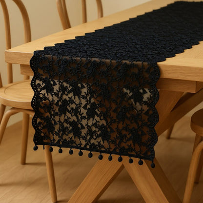 Anna-Kaci Floral Lace Table Runner with Scalloped Edges and Pom Pom Trim 17.7x47in