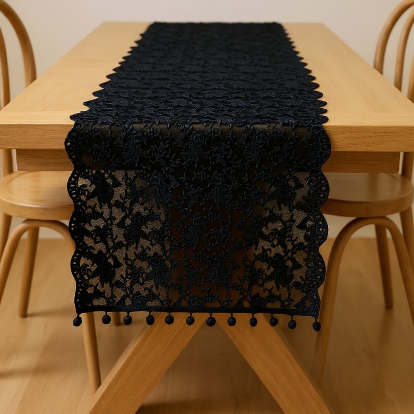 Anna-Kaci Floral Lace Table Runner with Scalloped Edges and Pom Pom Trim 17.7x47in