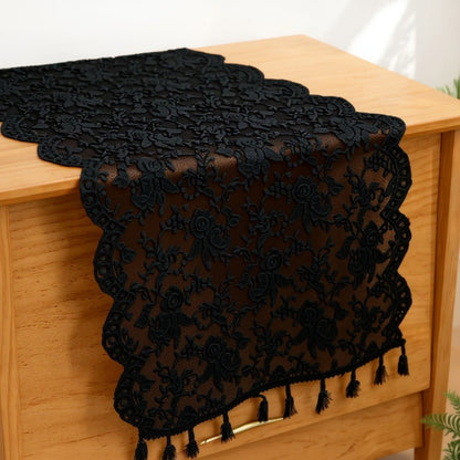 Anna-Kaci Floral Lace Table Runner with Scalloped Edges and Pom Pom Trim 17.7x47in