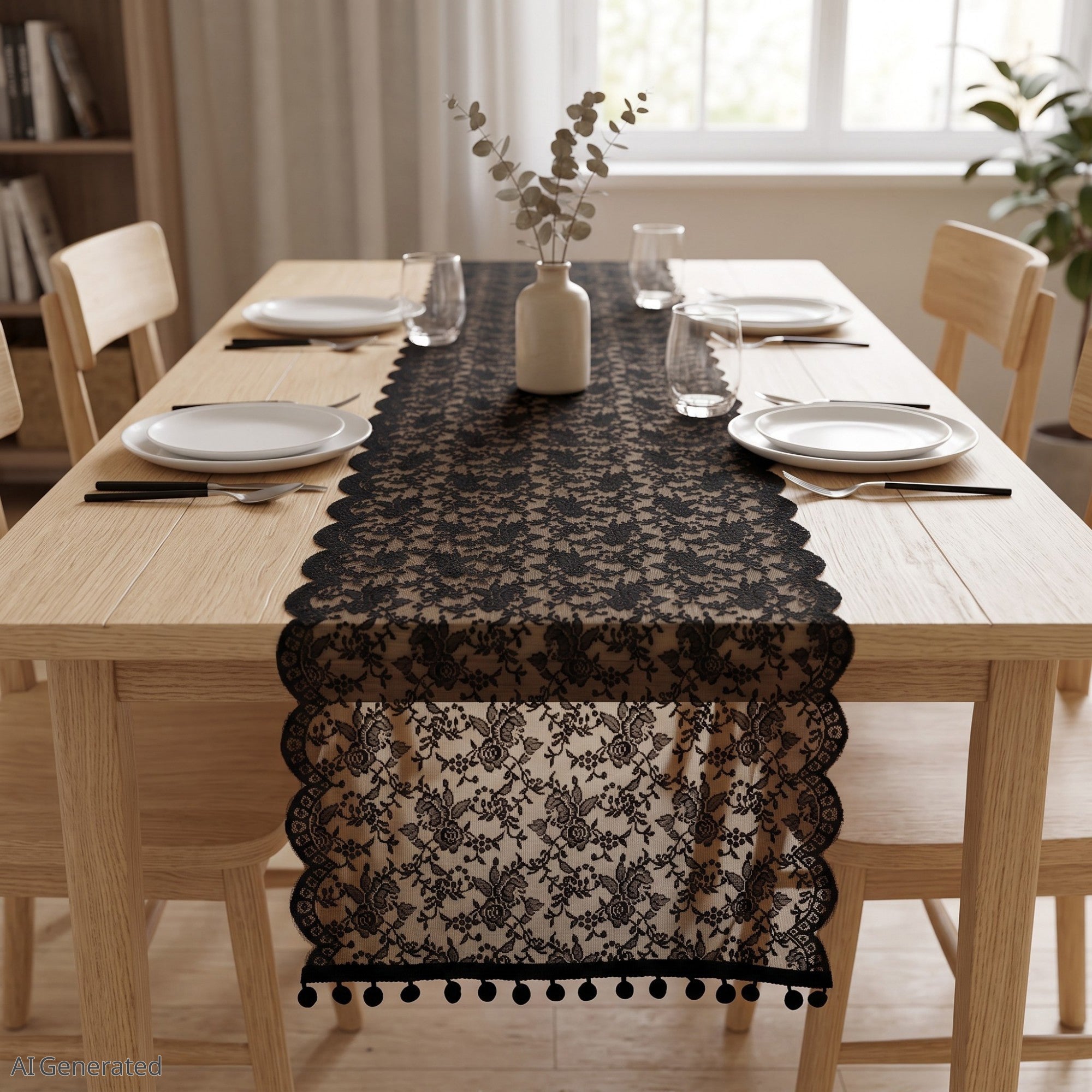 Anna-Kaci Floral Lace Table Runner with Scalloped Edges and Pom Pom Trim 17.7x47in