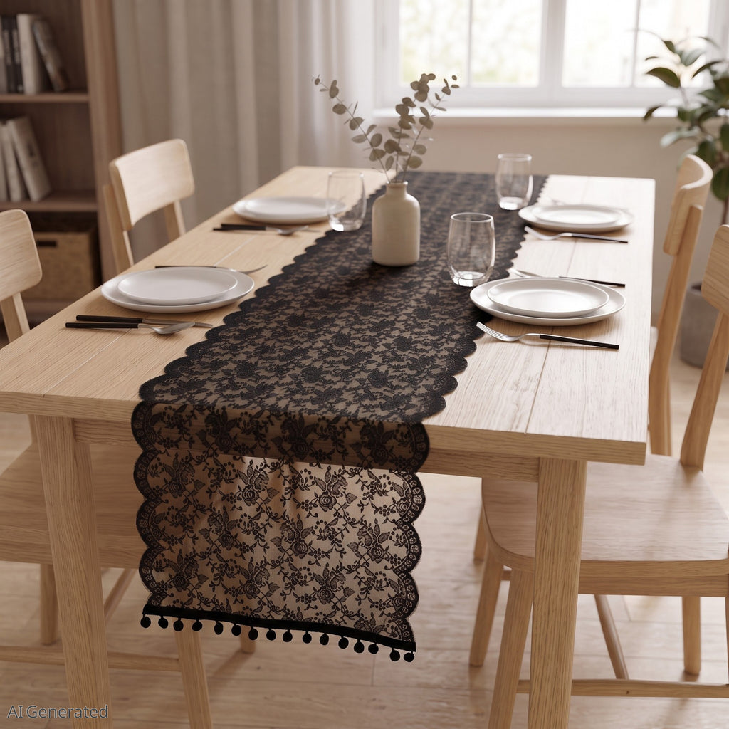 Anna-Kaci Floral Lace Table Runner with Scalloped Edges and Pom Pom Trim 17.7x47in