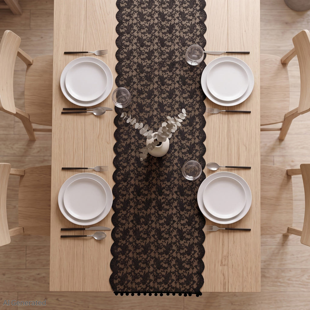 Anna-Kaci Floral Lace Table Runner with Scalloped Edges and Pom Pom Trim 17.7x47in