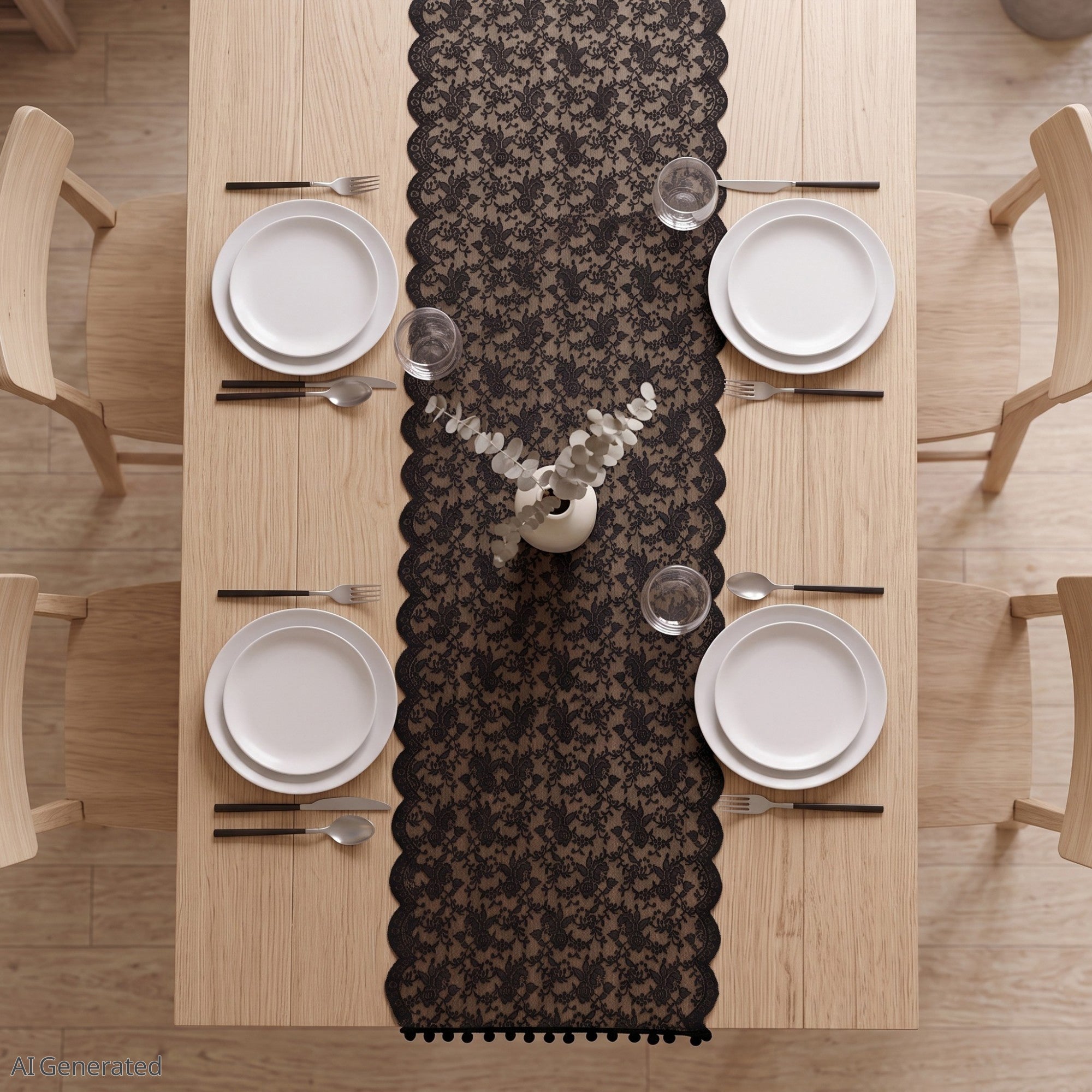 Anna-Kaci Floral Lace Table Runner with Scalloped Edges and Pom Pom Trim 17.7x47in