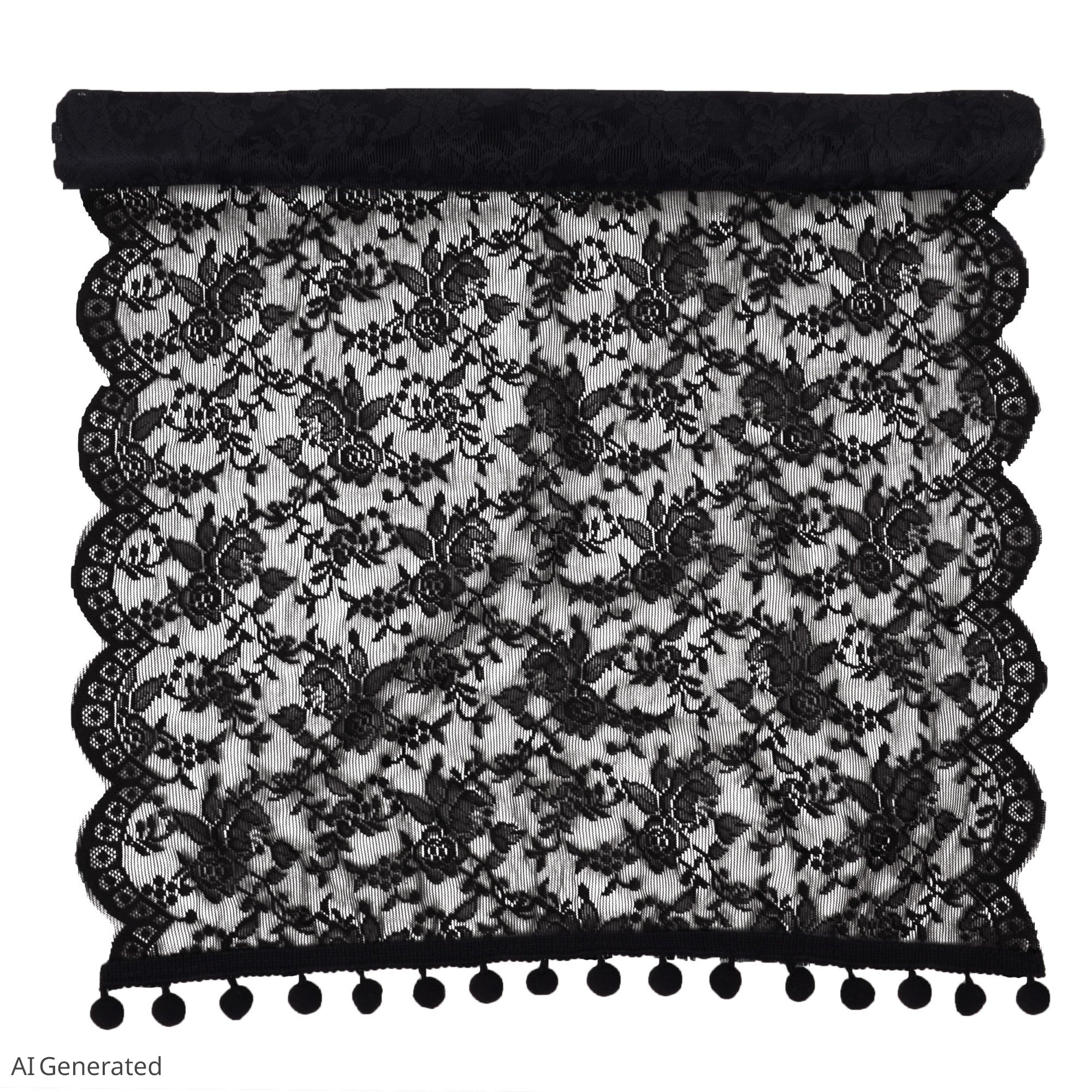 Anna-Kaci Floral Lace Table Runner with Scalloped Edges and Pom Pom Trim 17.7x47in