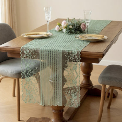 Anna-Kaci Floral Lace Table Runner with Scalloped Edges and Pom Pom Trim 17.7x47in