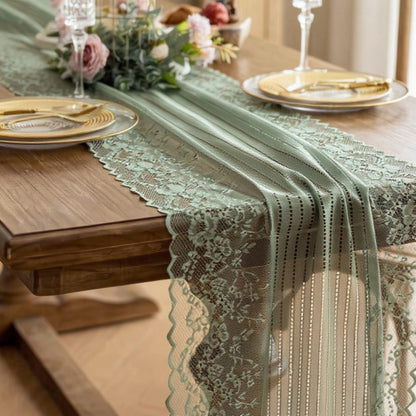 Anna-Kaci Floral Lace Table Runner with Scalloped Edges and Pom Pom Trim 17.7x47in