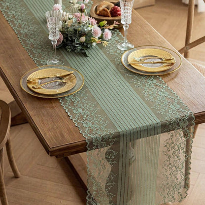 Anna-Kaci Floral Lace Table Runner with Scalloped Edges and Pom Pom Trim 17.7x47in