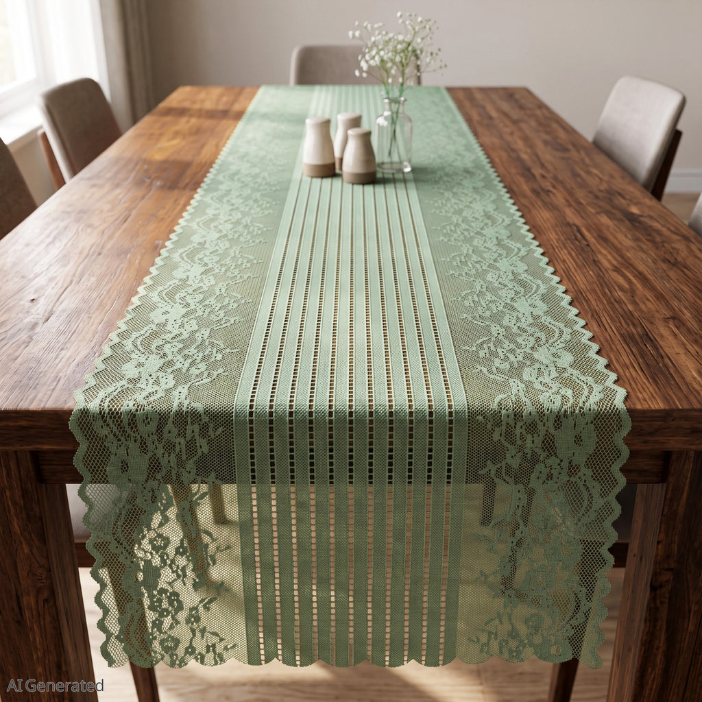 Anna-Kaci Floral Lace Table Runner with Scalloped Edges and Pom Pom Trim 17.7x47in