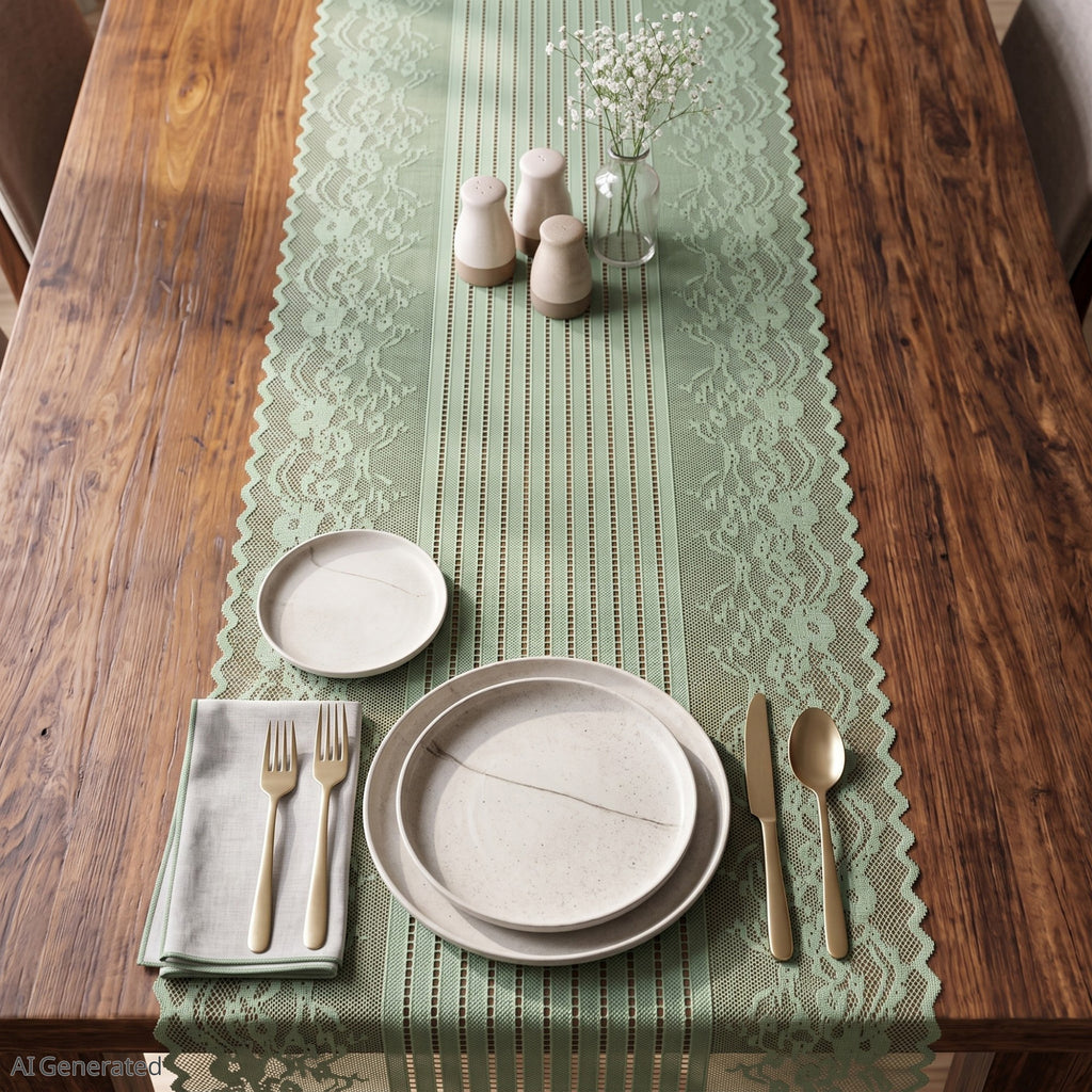 Anna-Kaci Floral Lace Table Runner with Scalloped Edges and Pom Pom Trim 17.7x47in