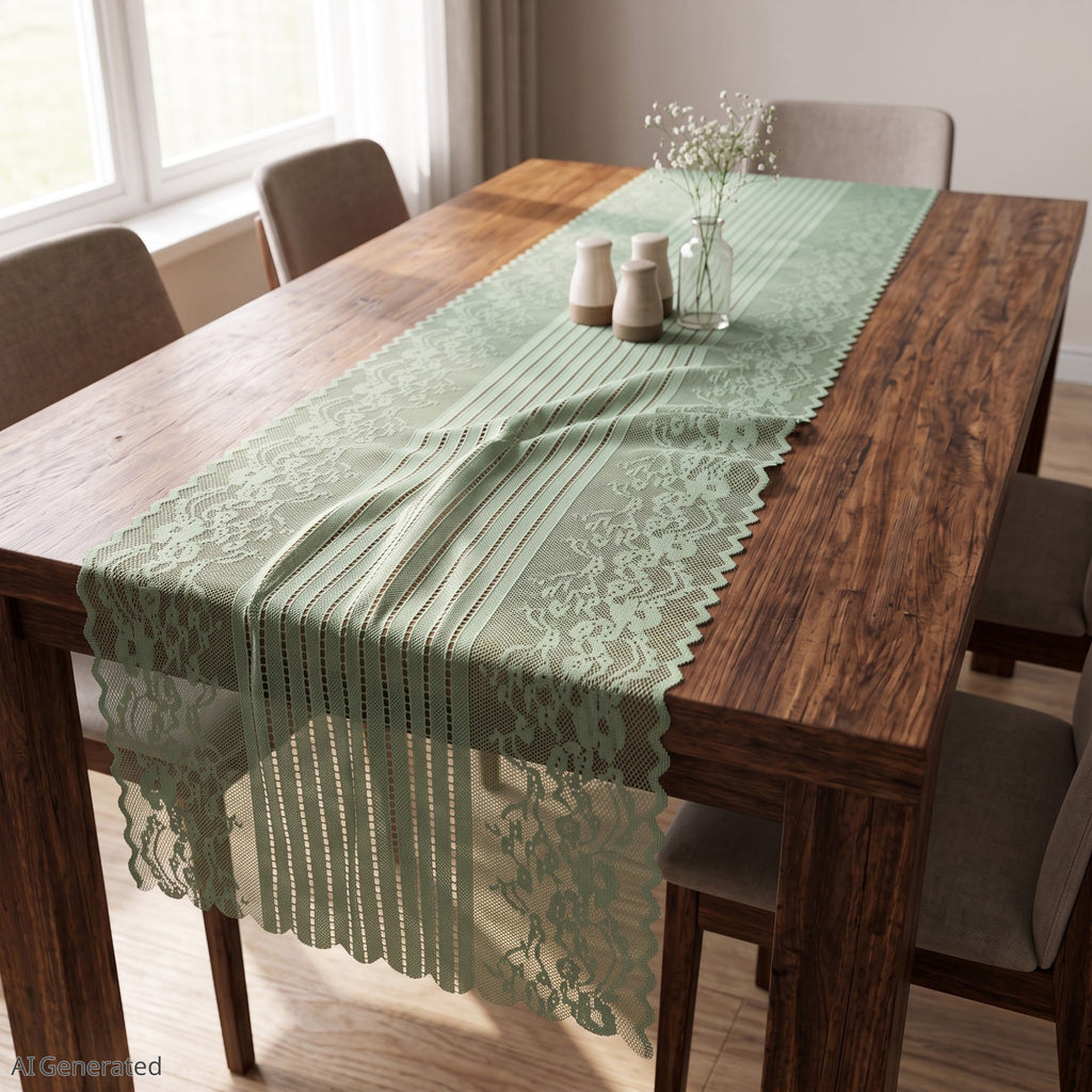 Anna-Kaci Floral Lace Table Runner with Scalloped Edges and Pom Pom Trim 17.7x47in