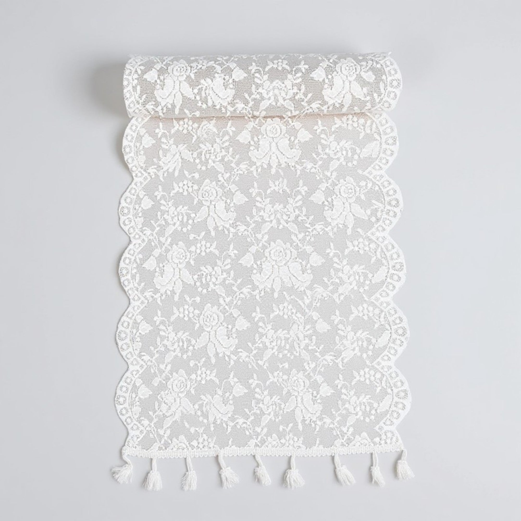 Anna-Kaci Floral Lace Table Runner with Scalloped Edges and Pom Pom Trim 17.7x47in