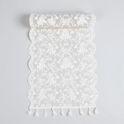 Anna-Kaci Floral Lace Table Runner with Scalloped Edges and Pom Pom Trim 17.7x47in