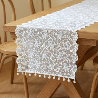 Anna-Kaci Floral Lace Table Runner with Scalloped Edges and Pom Pom Trim 17.7x47in