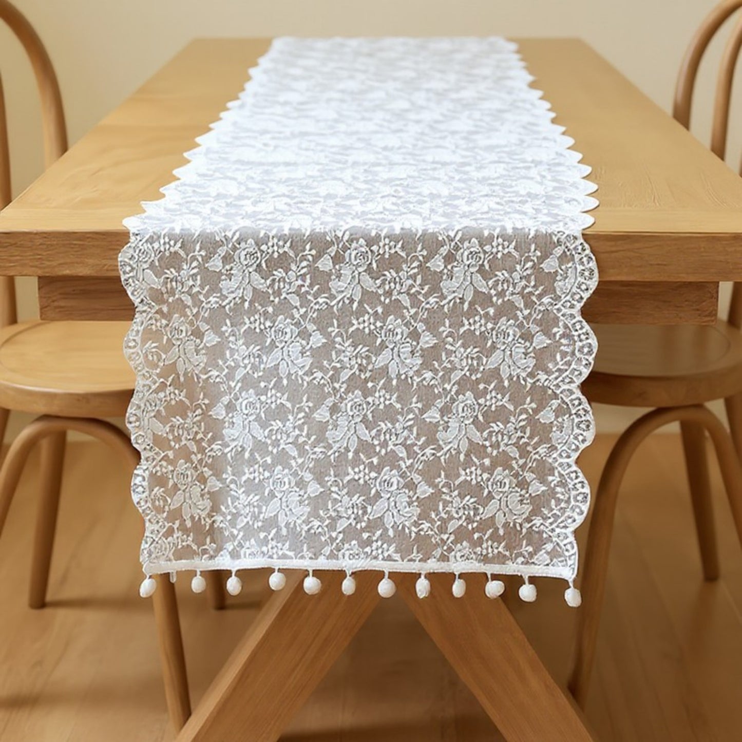 Anna-Kaci Floral Lace Table Runner with Scalloped Edges and Pom Pom Trim 17.7x47in