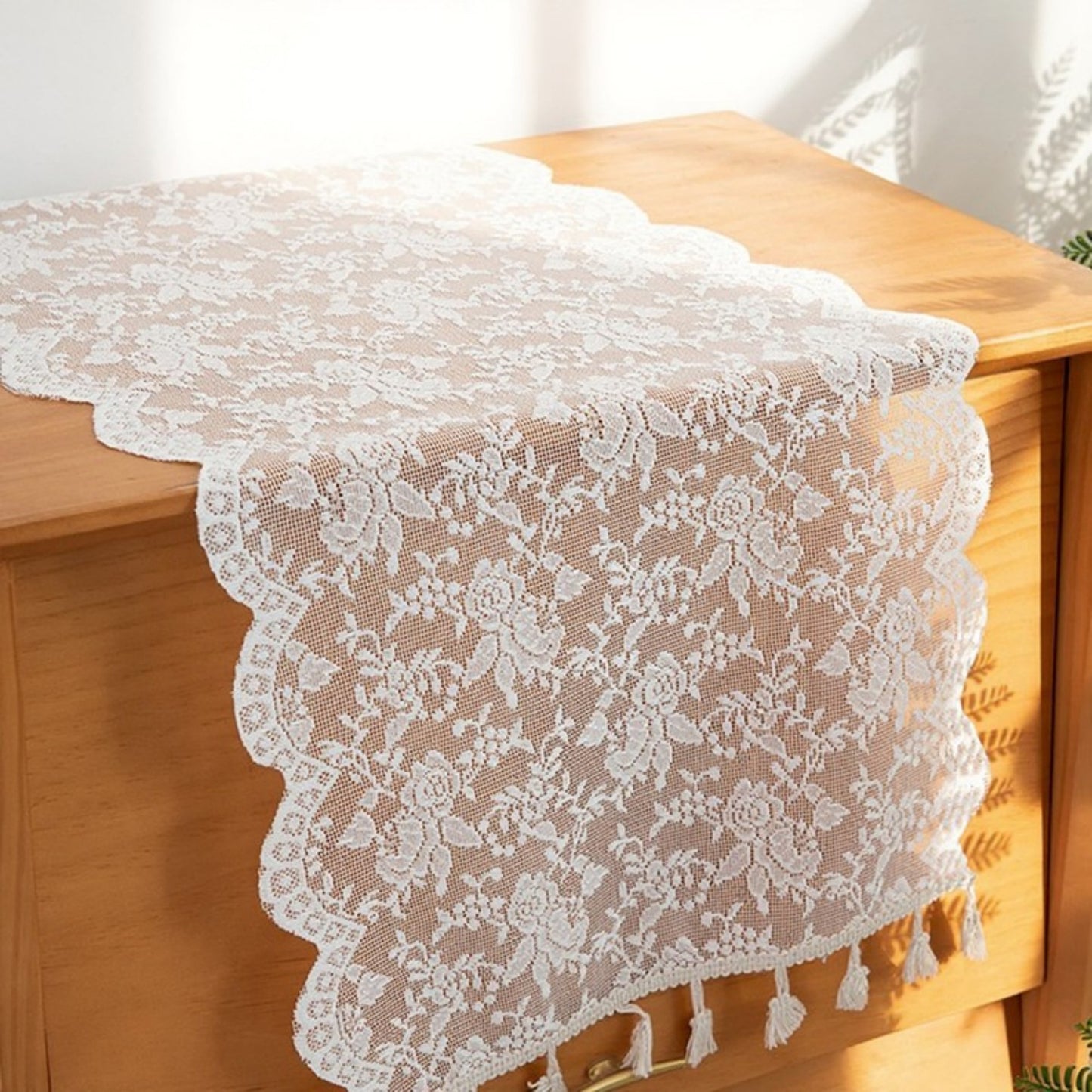 Anna-Kaci Floral Lace Table Runner with Scalloped Edges and Pom Pom Trim 17.7x47in