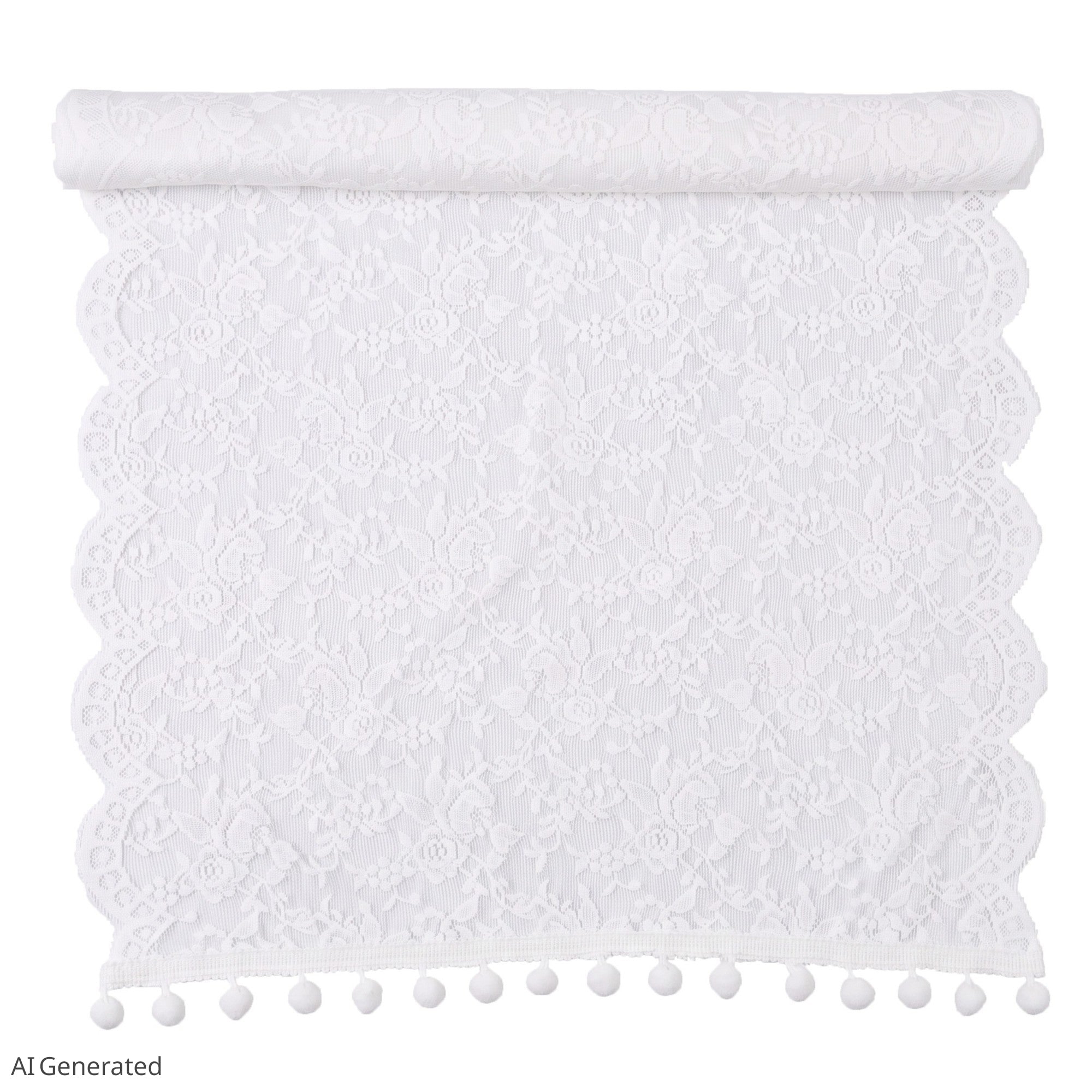 Anna-Kaci Floral Lace Table Runner with Scalloped Edges and Pom Pom Trim 17.7x47in