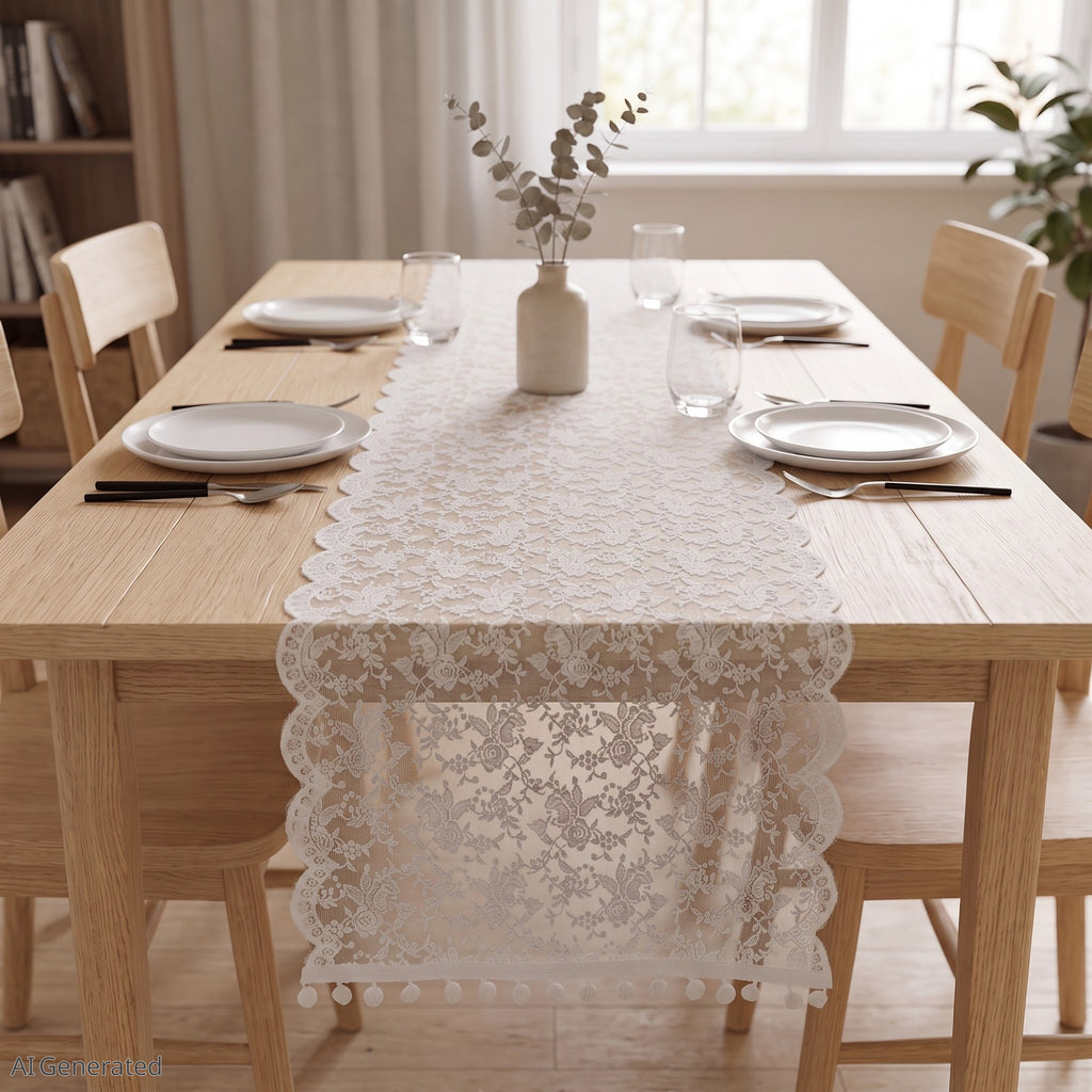Anna-Kaci Floral Lace Table Runner with Scalloped Edges and Pom Pom Trim 17.7x47in