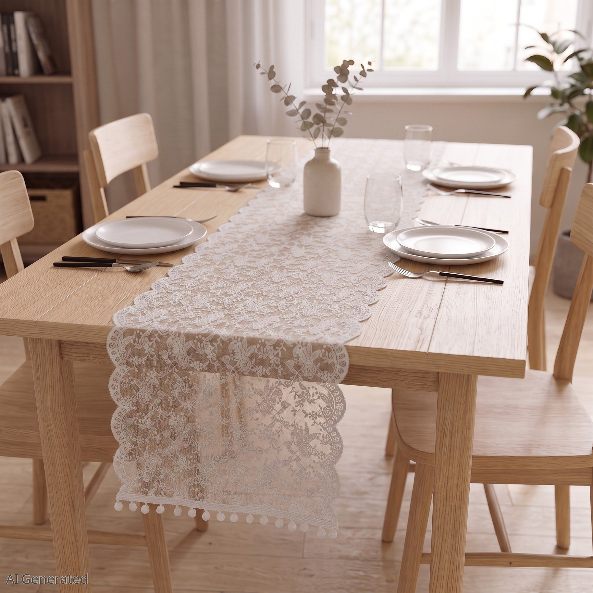 Anna-Kaci Floral Lace Table Runner with Scalloped Edges and Pom Pom Trim 17.7x47in