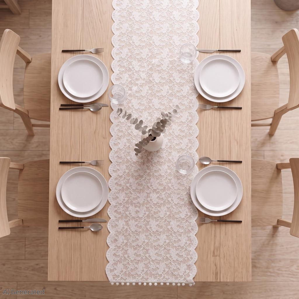 Anna-Kaci Floral Lace Table Runner with Scalloped Edges and Pom Pom Trim 17.7x47in