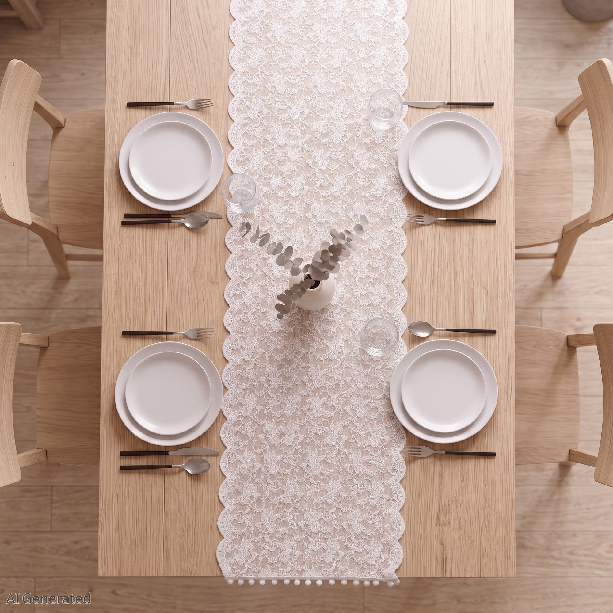 Anna-Kaci Floral Lace Table Runner with Scalloped Edges and Pom Pom Trim 17.7x47in