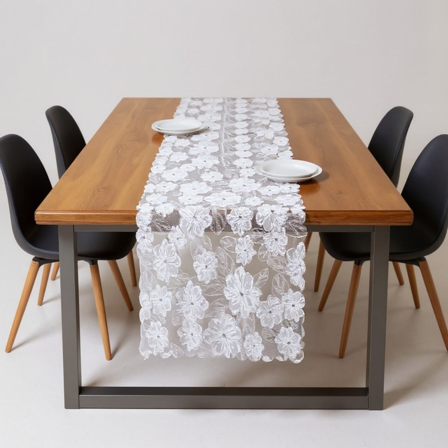 Anna-Kaci Floral Lace Table Runner with Scalloped Edges and Pom Pom Trim 17.7x47in