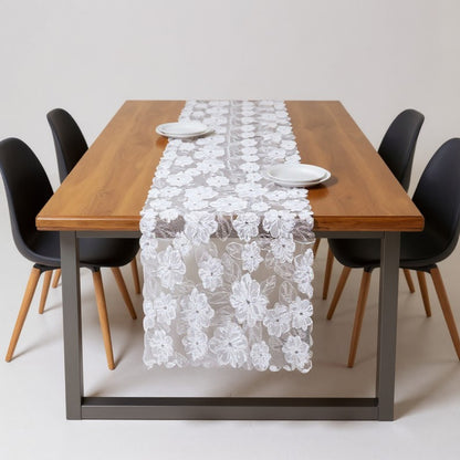 Anna-Kaci Floral Lace Table Runner with Scalloped Edges and Pom Pom Trim 17.7x47in