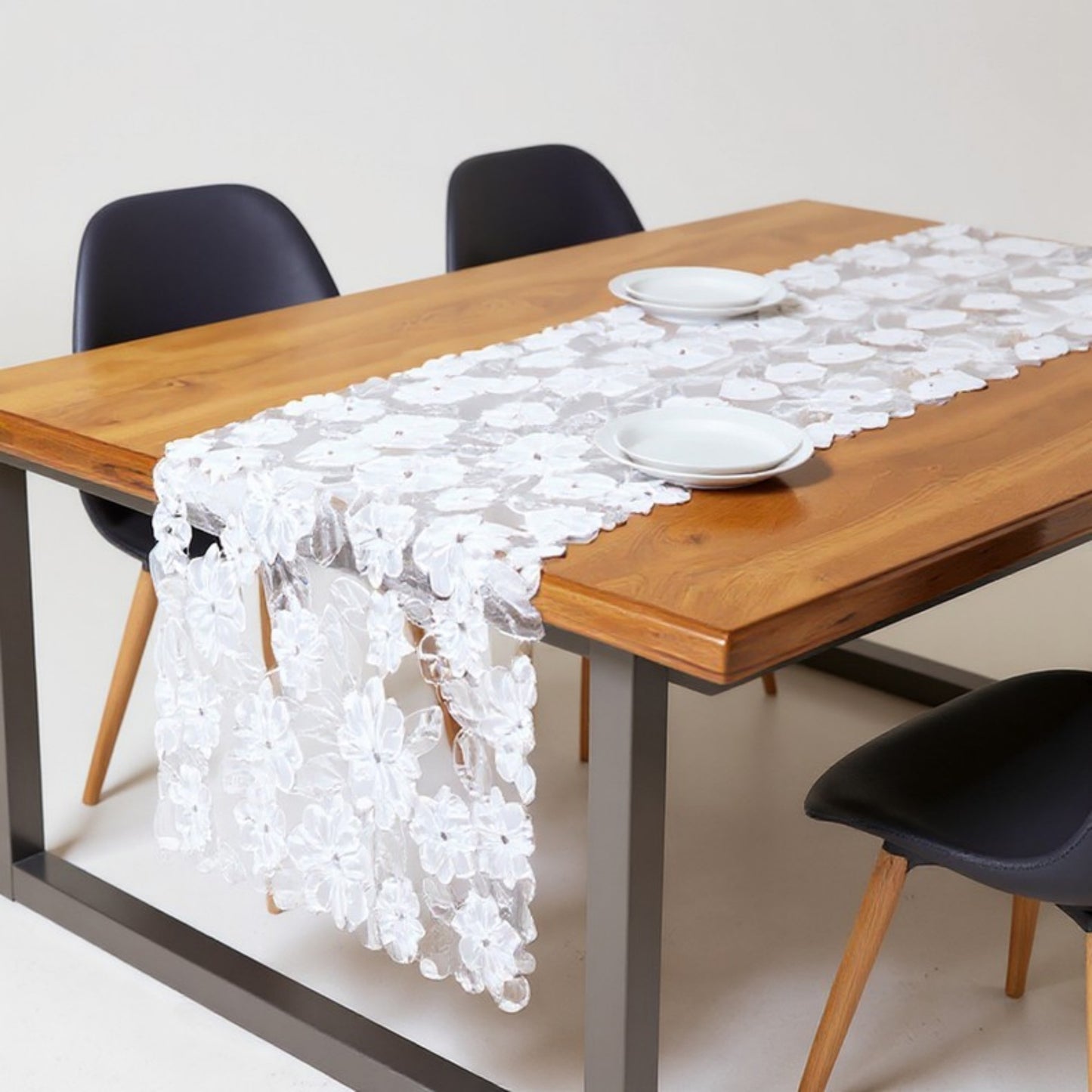 Anna-Kaci Floral Lace Table Runner with Scalloped Edges and Pom Pom Trim 17.7x47in