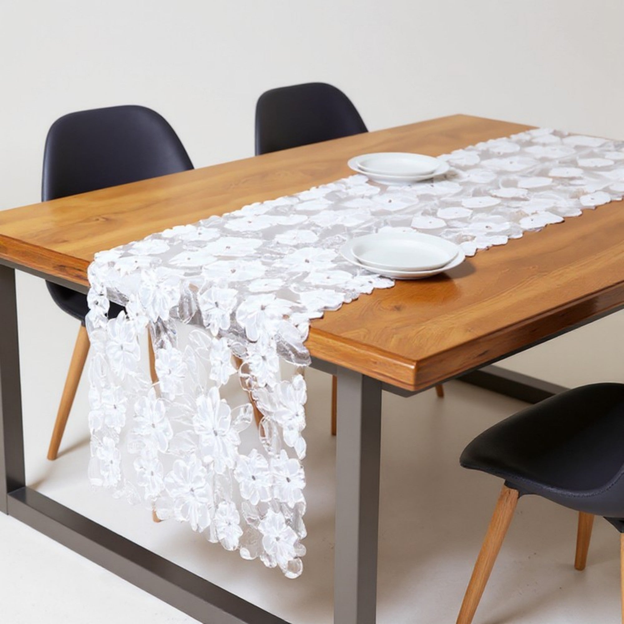 Anna-Kaci Floral Lace Table Runner with Scalloped Edges and Pom Pom Trim 17.7x47in