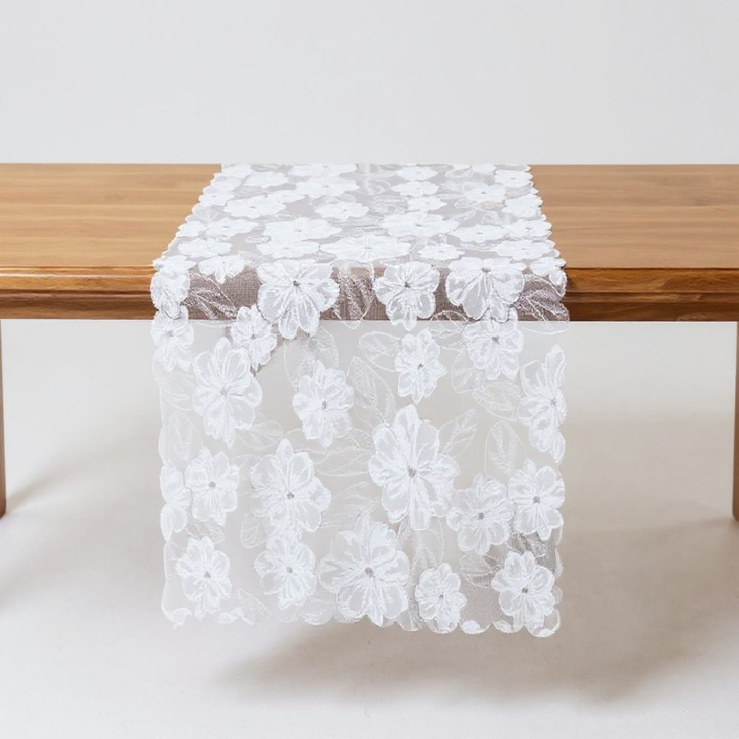 Anna-Kaci Floral Lace Table Runner with Scalloped Edges and Pom Pom Trim 17.7x47in