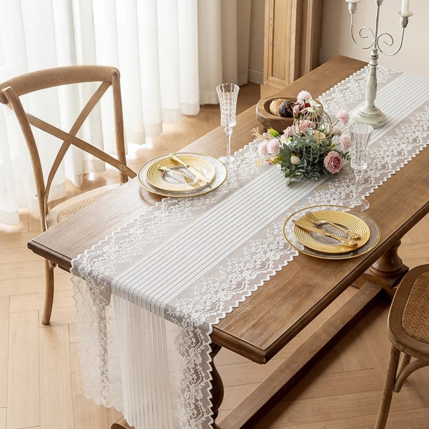 Anna-Kaci Floral Lace Table Runner with Scalloped Edges and Pom Pom Trim 17.7x47in