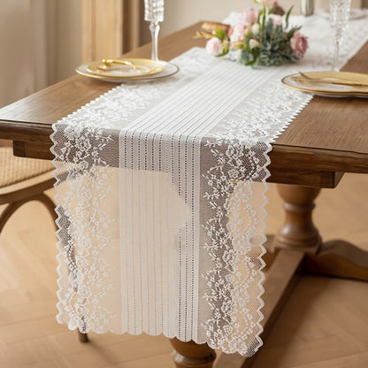 Anna-Kaci Floral Lace Table Runner with Scalloped Edges and Pom Pom Trim 17.7x47in