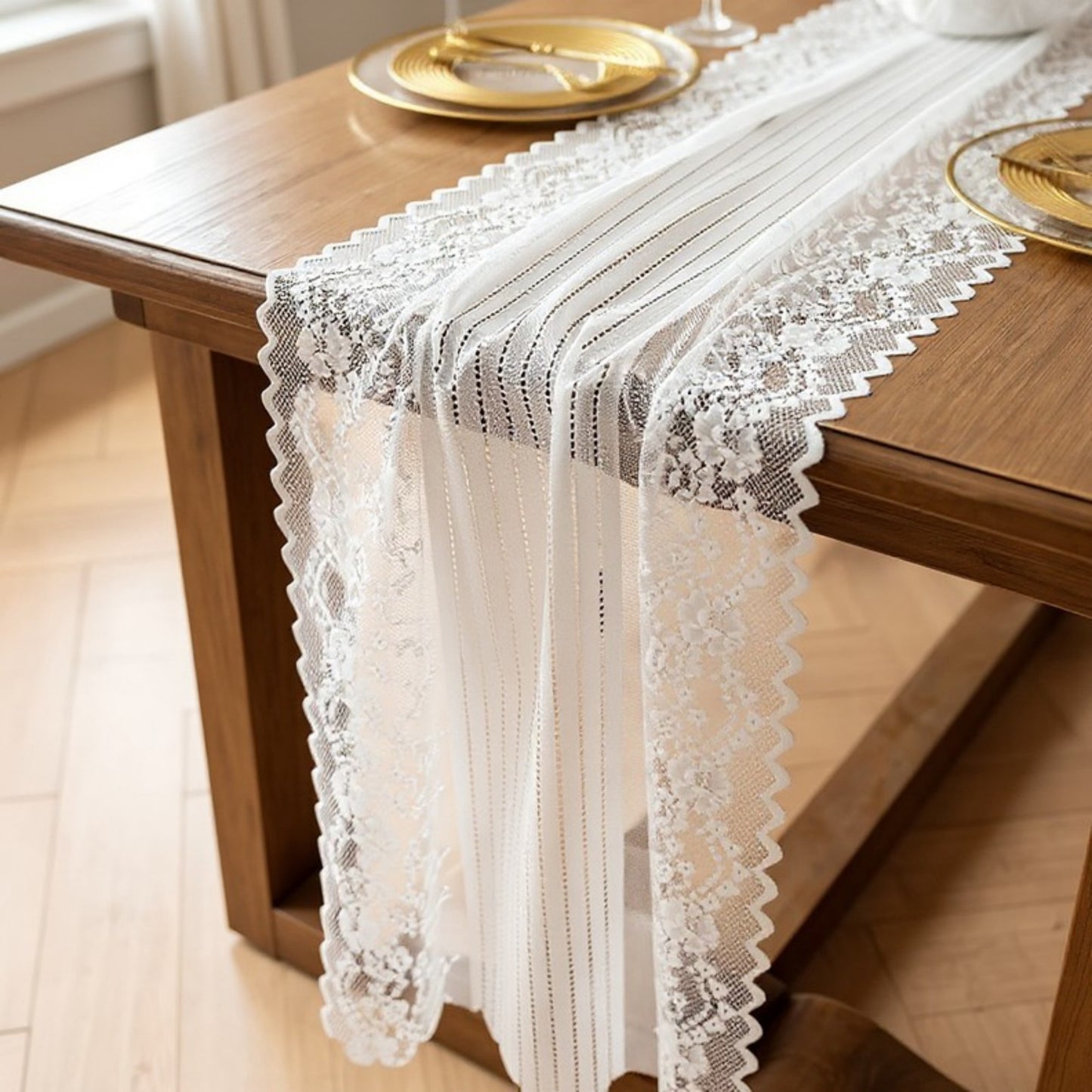 Anna-Kaci Floral Lace Table Runner with Scalloped Edges and Pom Pom Trim 17.7x47in